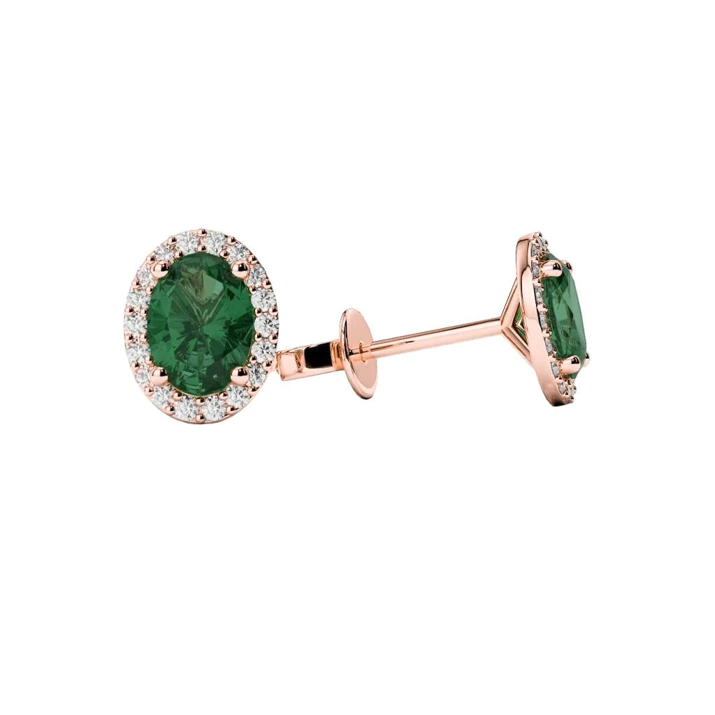 Oval Cut Green Emerald With Round Diamonds 5.40 Ct Studs Halo Rose Gold 14K