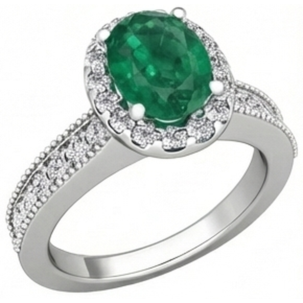 Oval Cut Green Emerald With Round Natural Earth Mined Diamonds 4.75 Carats Ring 14K White Gold