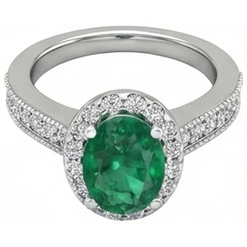Oval Cut Green Emerald With Round Natural Earth Mined Diamonds 4.75 Carats Ring 14K White Gold