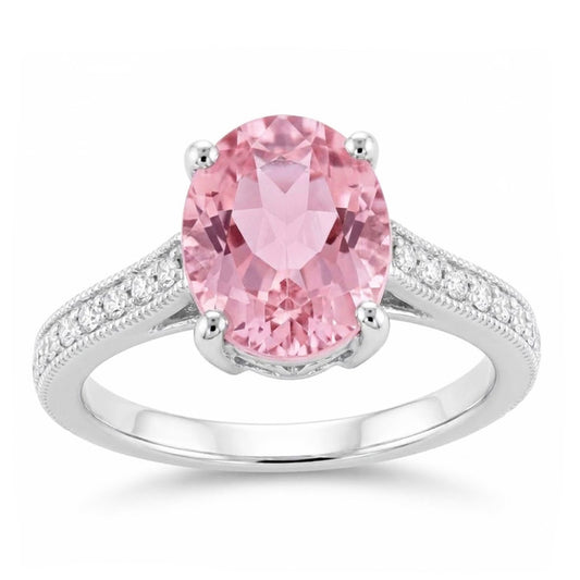 Oval Cut Pink Kunzite And Natural Earth Mined Diamond Ring White Gold 14K 10.50 Ct