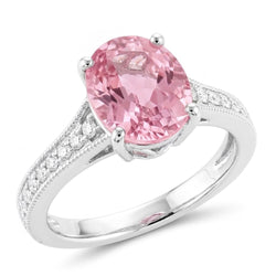 Oval Cut Pink Kunzite And Natural Earth Mined Diamond Ring White Gold 14K 10.50 Ct