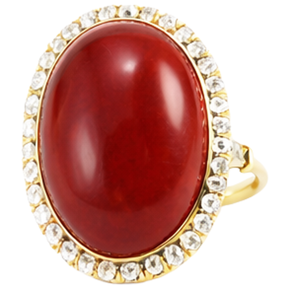 Oval Cut Red Coral And Round Natural Earth Mined Diamonds 14 Ct Ring Yellow Gold 14K