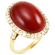 Oval Cut Red Coral And Round Natural Earth Mined Diamonds 14 Ct Ring Yellow Gold 14K
