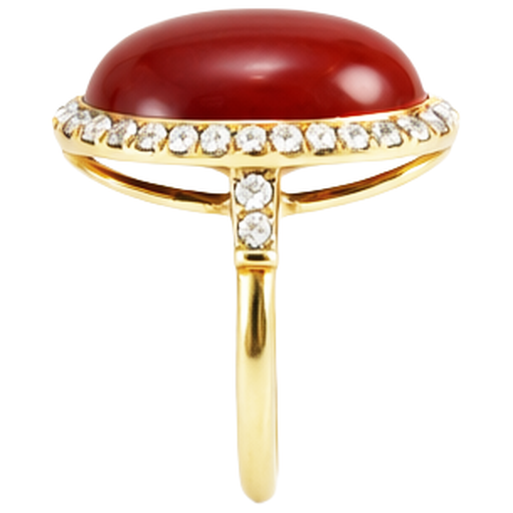 Oval Cut Red Coral And Round Natural Earth Mined Diamonds 14 Ct Ring Yellow Gold 14K