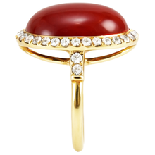 Oval Cut Red Coral And Round Natural Earth Mined Diamonds 14 Ct Ring Yellow Gold 14K