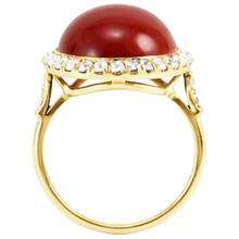 Oval Cut Red Coral And Round Natural Earth Mined Diamonds 14 Ct Ring Yellow Gold 14K