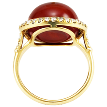Oval Cut Red Coral And Round Natural Earth Mined Diamonds 14 Ct Ring Yellow Gold 14K
