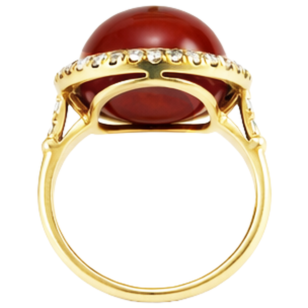 Oval Cut Red Coral And Round Natural Earth Mined Diamonds 14 Ct Ring Yellow Gold 14K