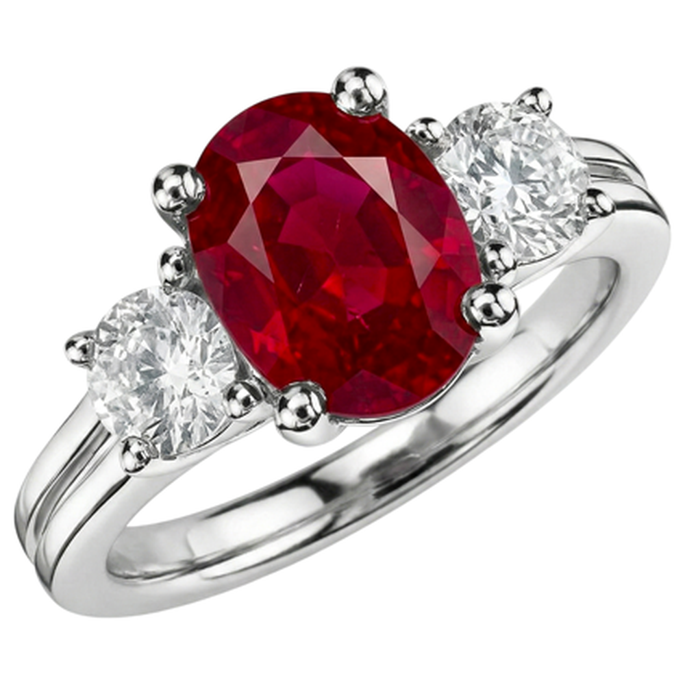 Oval Cut Red Ruby And Natural Earth Mined DIAMOND ( NOT LAB GROWN ) Three Stone Ring Gold 14K 1.80 Carats