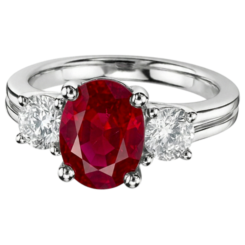Oval Cut Red Ruby And Natural Earth Mined DIAMOND ( NOT LAB GROWN ) Three Stone Ring Gold 14K 1.80 Carats