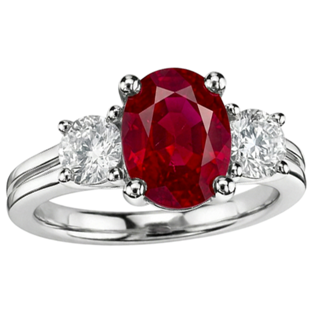 Oval Cut Red Ruby And Natural Earth Mined DIAMOND ( NOT LAB GROWN ) Three Stone Ring Gold 14K 1.80 Carats