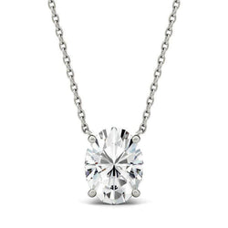 Oval Cut Solitaire Real Diamond Necklace 2 Carats White Gold 4 Prong Set