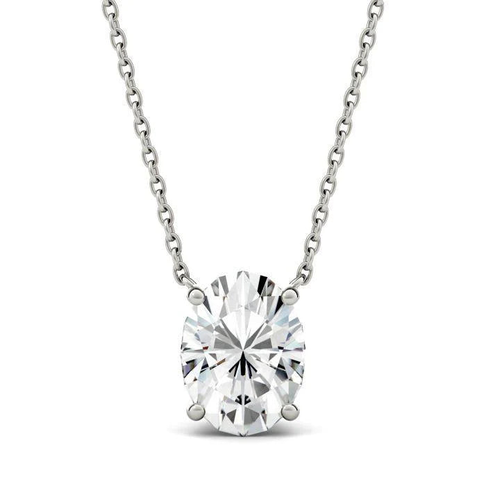 Oval Cut Solitaire Real Diamond Necklace 2 Carats White Gold 4 Prong Set