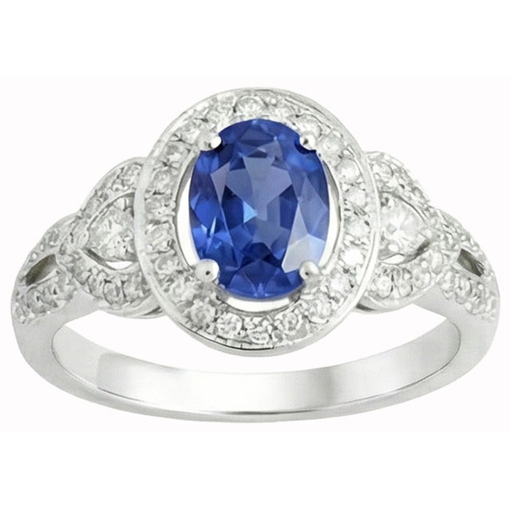 Oval Cut Sri Lanka Sapphire And Natural Earth Mined DIAMOND ( NOT LAB GROWN ) Ring White Gold 14K 3 Ct