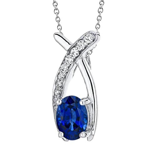 Oval Cut Sri Lankan Sapphire Diamond Pendant White Gold 14K