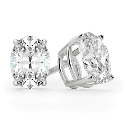 Oval Cut Stud Real Diamond Earring 4 Carats White Gold 14K Prong Set