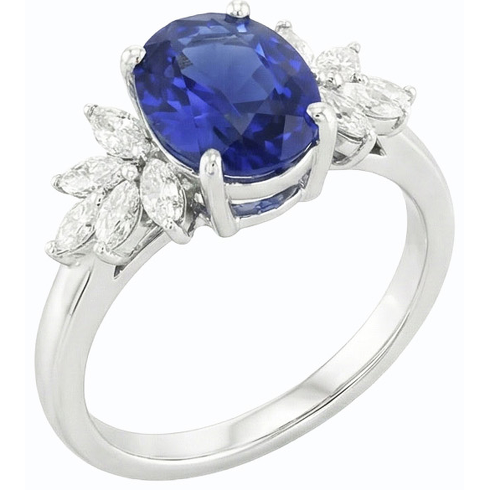 Oval Gemstone Blue Sapphire Ring With Marquise Natural Earth Mined Diamonds 3.50 Carats