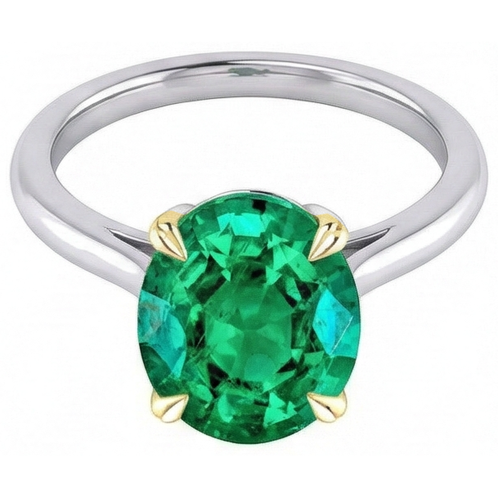 Oval Cut Fine Emerald ring in 14 Karat Two Tone Gold – front view