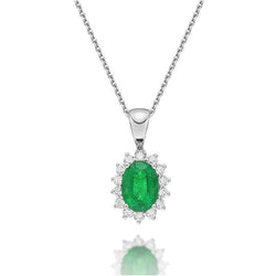 Oval Green Emerald And Round Diamond Pendant 8.75 Carats White Gold 14K