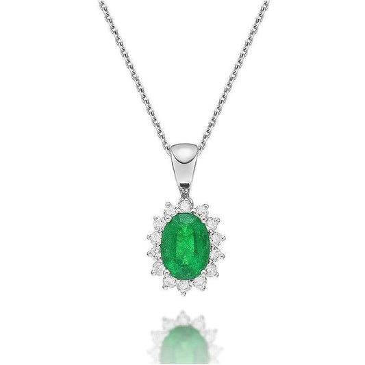Oval Green Emerald And Round Diamond Pendant 8.75 Carats White Gold 14K