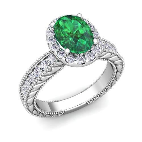 Oval Green Emerald Diamond 3.50 Carats Gemstone Ring 14K White Gold