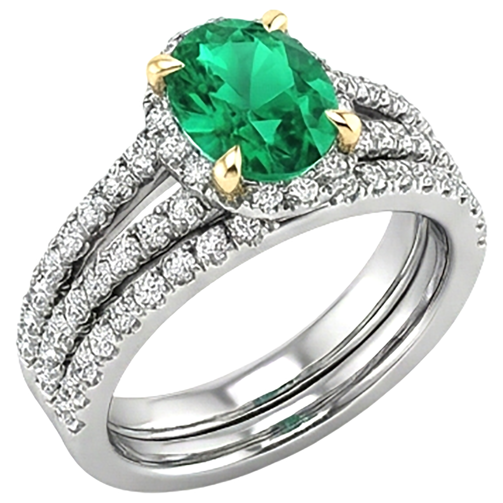 Precious Stone Ring 14 Karat Two Tone Gold with Emerald – angle view