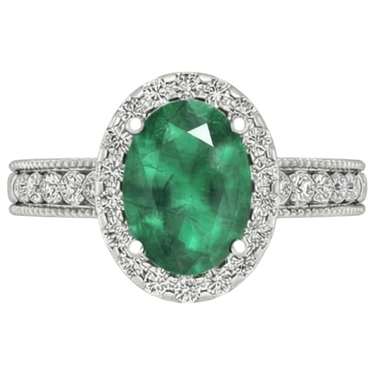 Oval Green Emerald Natural Earth Mined Diamond 3.50 Carats Gemstone Ring 14K White Gold