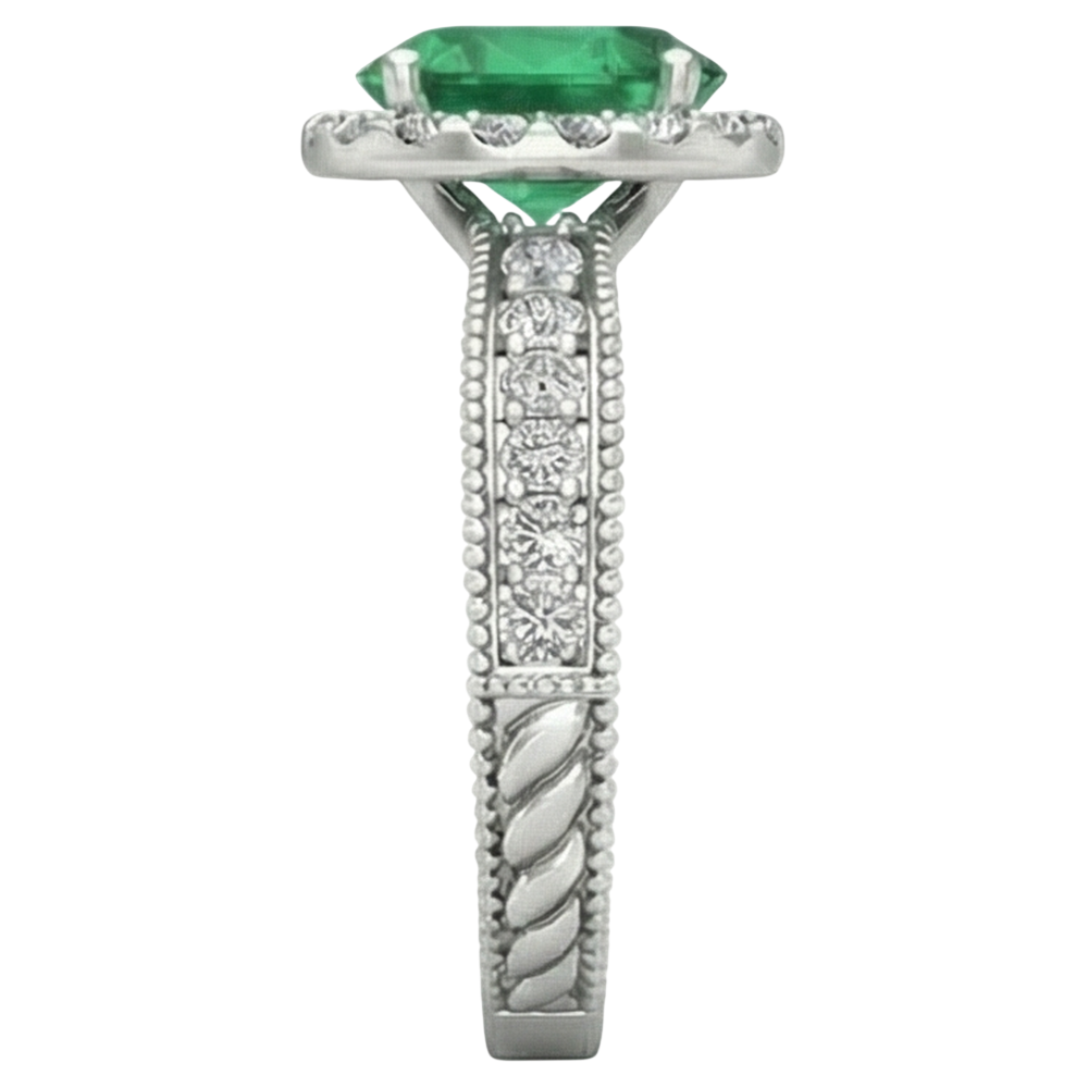 natural round emerald 3.50ct ring on white background