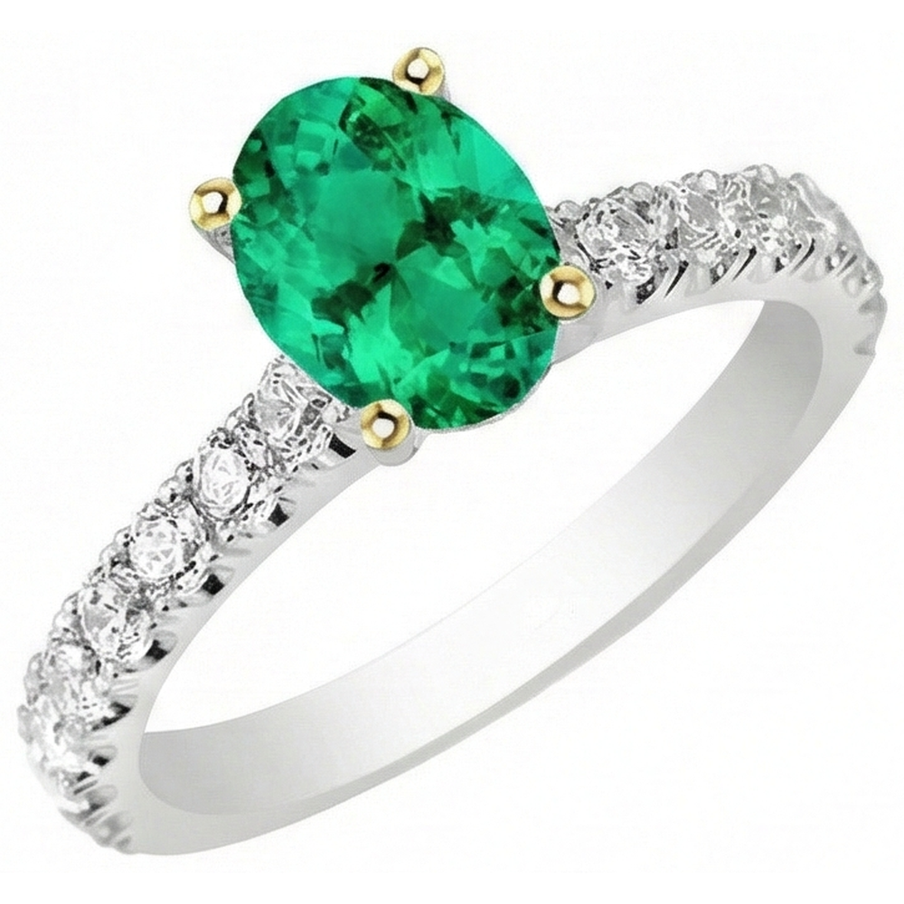 Colombian Emerald Oval Cut Precious Stone Ring in 14K Two Tone Gold – side view