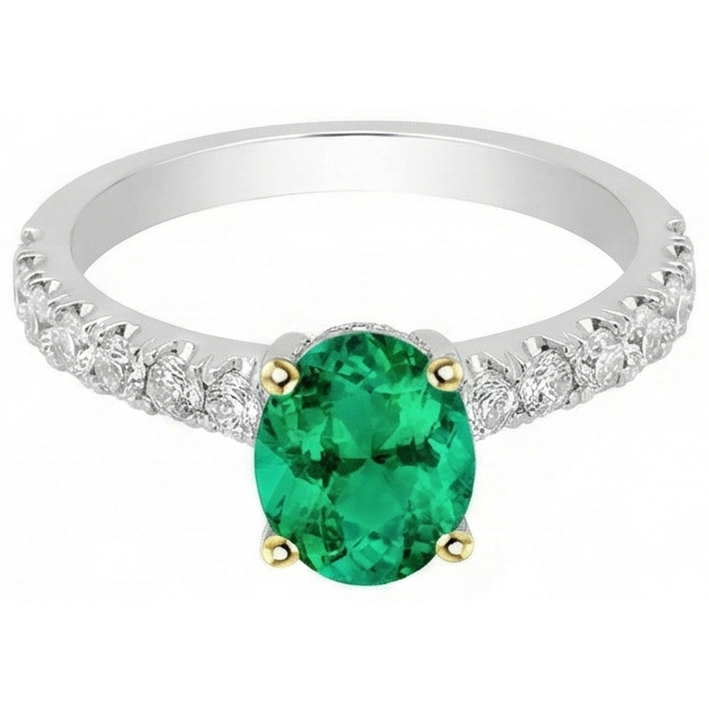 Natural Colombian Emerald Precious Stone Ring 2 ct 14K Two Tone Gold – front view