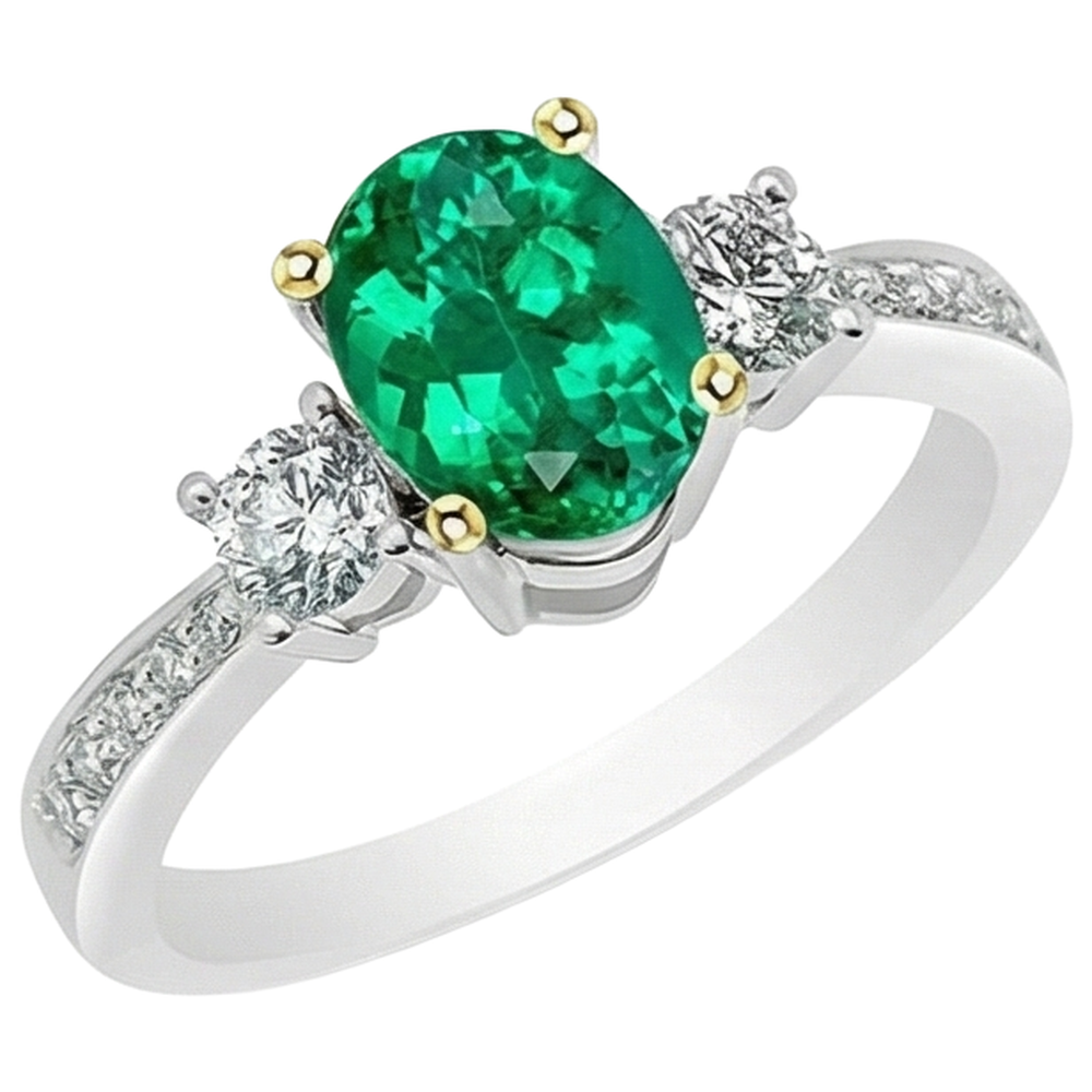 Emerald Oval Cut Gemstone Ring in 14 Karat Two Tone Gold – side view