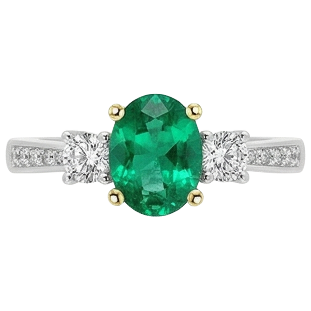 Emerald Oval Cut Gemstone Ring in 14 Karat Two Tone Gold – front view