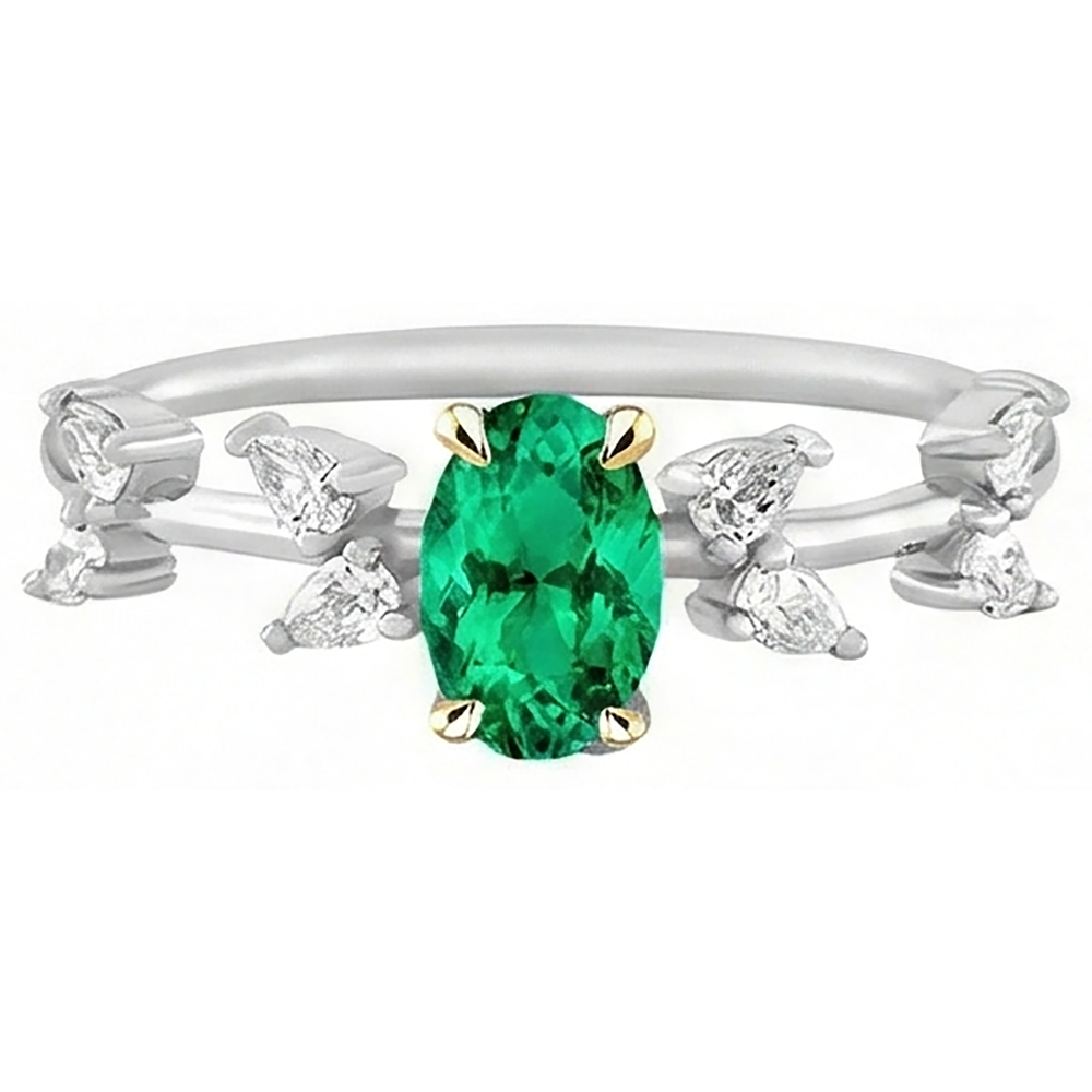 Fine Emerald Oval Colored Stone Ring in 14K Two Tone Gold – side view