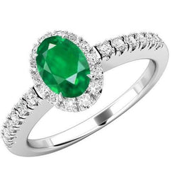 Oval Green Emerald & Round Diamond 3.65 Carats Gemstone Ring White Gold 14K