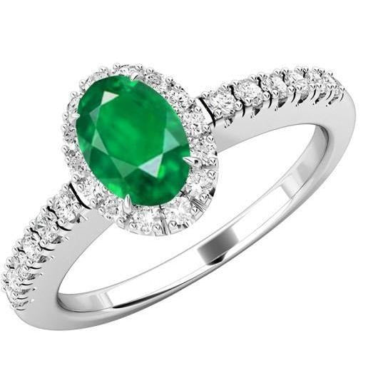 Oval Green Emerald & Round Diamond 3.65 Carats Gemstone Ring White Gold 14K