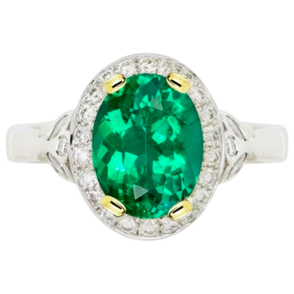 Oval Cut Fine Emerald ring in Two-Tone 14K Gold – profile view