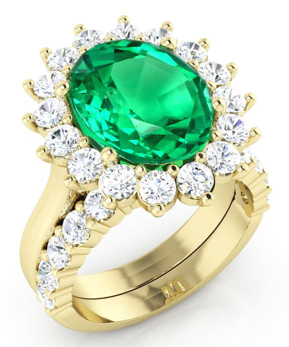 Oval Green Emerald With Diamonds Ring Set