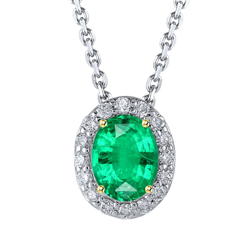 Colombian Emerald Oval Precious Stone Pendant in Two-Tone 14K Gold – main view