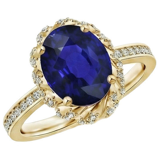 Oval Halo Gemstone Ring Blue Sapphire Pave Natural Earth Mined Diamond Yellow Gold 7 Carat