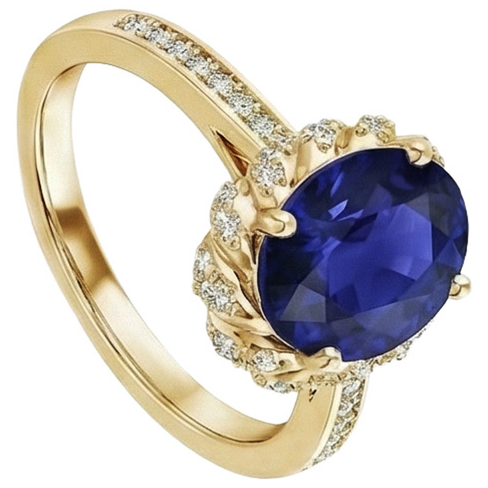 Oval Halo Gemstone Ring Blue Sapphire Pave Natural Earth Mined Diamond Yellow Gold 7 Carat
