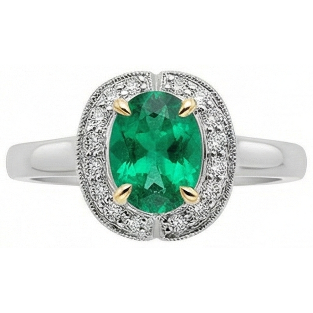 Precious Stone Ring Two-Tone 14K Gold with Emerald – angle view