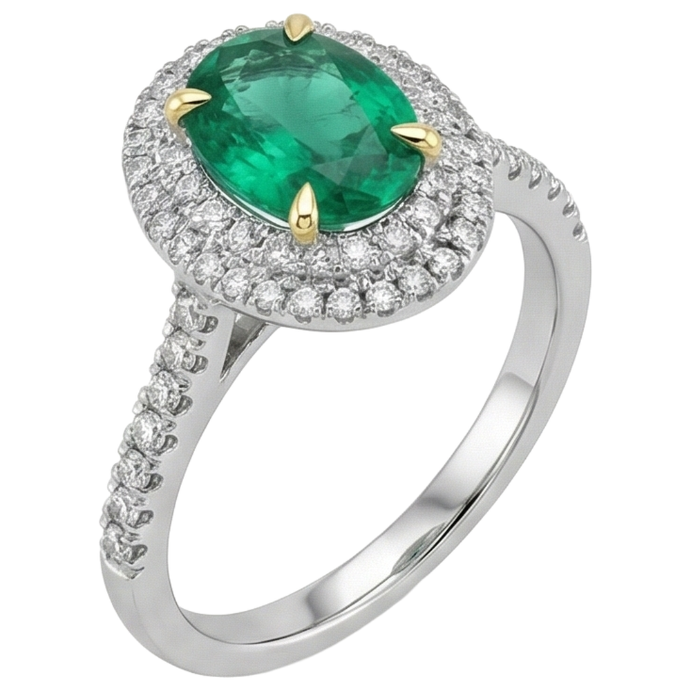 Earth-Mined Emerald Colored Stone Ring 3.50 ct 14 Karat Two Tone Gold – angle view