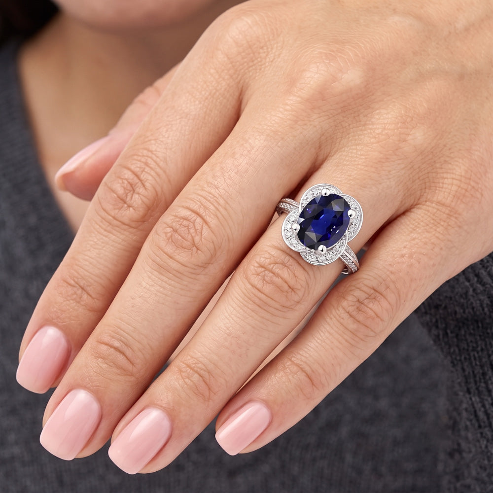 Oval Halo Sri Lankan Sapphire Ring 5 Carats Flower Style Natural Earth Mined Diamonds