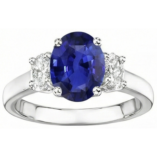 Oval Natural Earth Mined Diamond 3 Stone Ring White Gold Ceylon Sapphire Gemstone 5 Carats