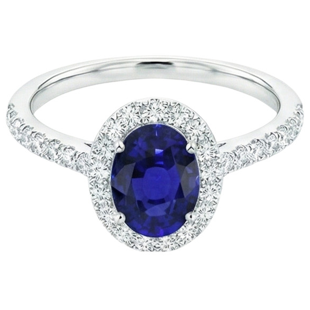 Oval Natural Earth Mined Diamond Halo Engagement Ring 5.50 Carats Ceylon Sapphire Accented