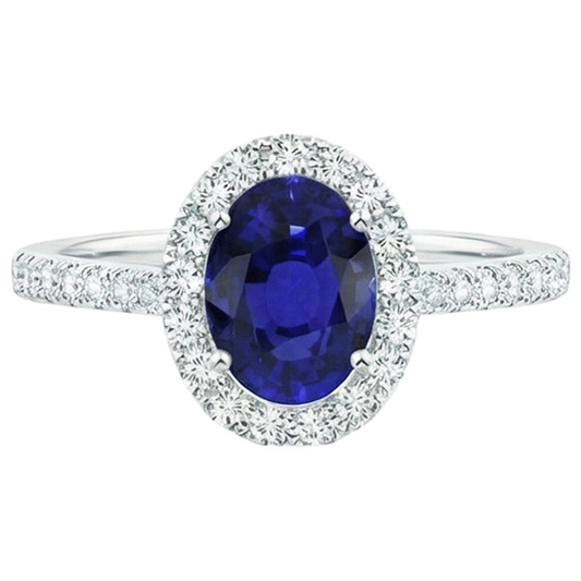 Oval Natural Earth Mined Diamond Halo Engagement Ring 5.50 Carats Ceylon Sapphire Accented