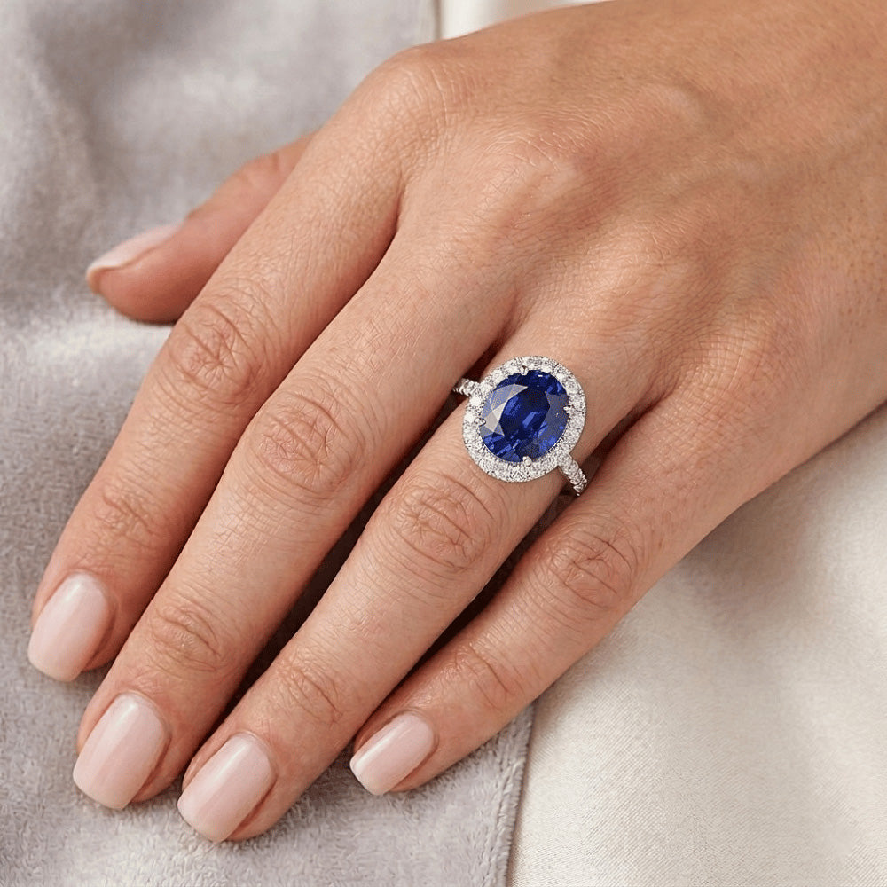 Oval Natural Earth Mined Diamond Halo Engagement Ring 5.50 Carats Ceylon Sapphire Accented
