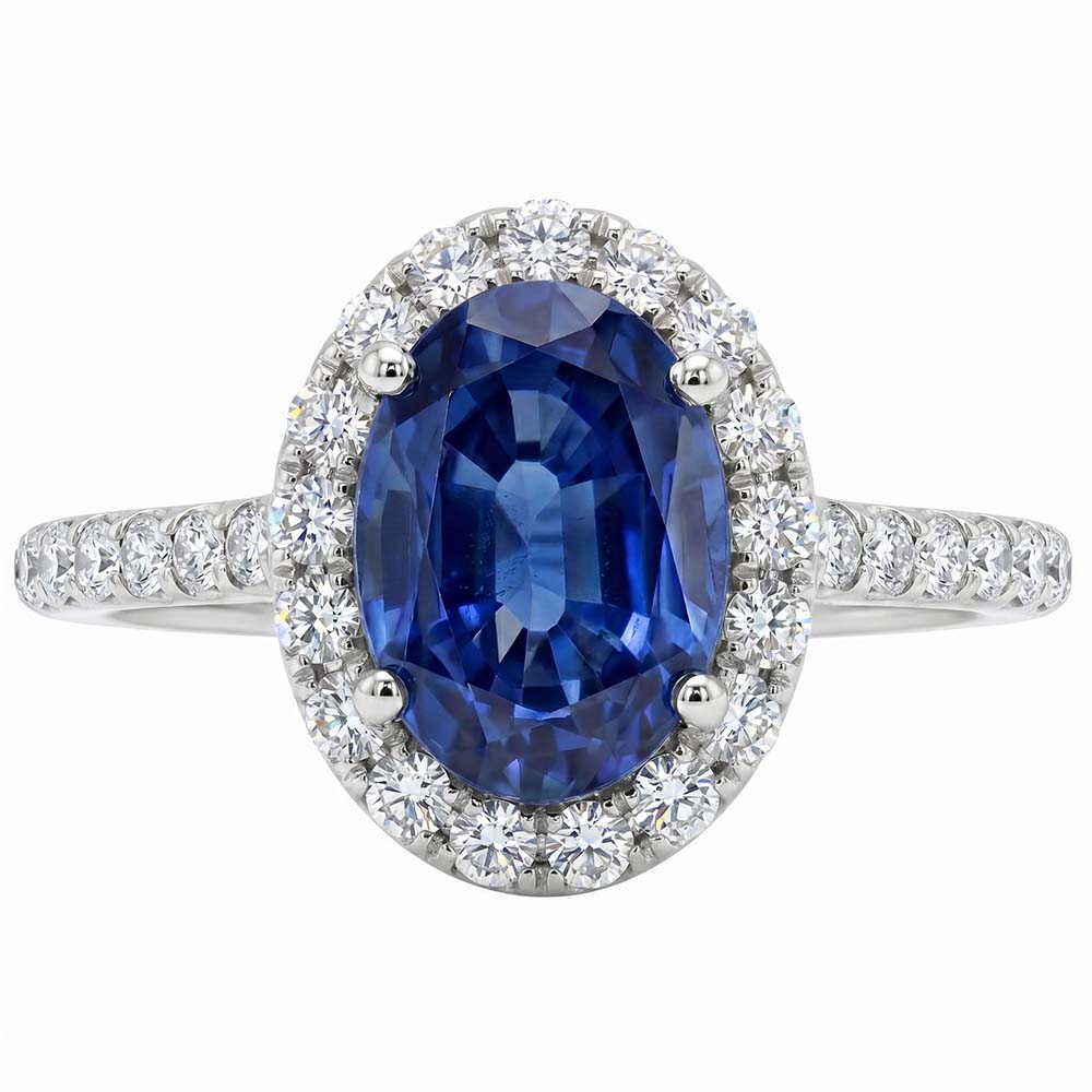 Oval Natural Earth Mined Diamond Halo Ring Blue Sapphire Accented White Gold 5.50 Carats