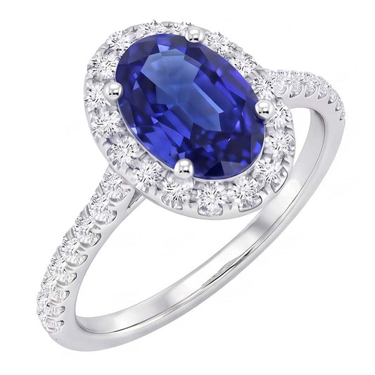 Oval Natural Earth Mined Diamond Halo Ring Blue Sapphire Accented White Gold 5.50 Carats