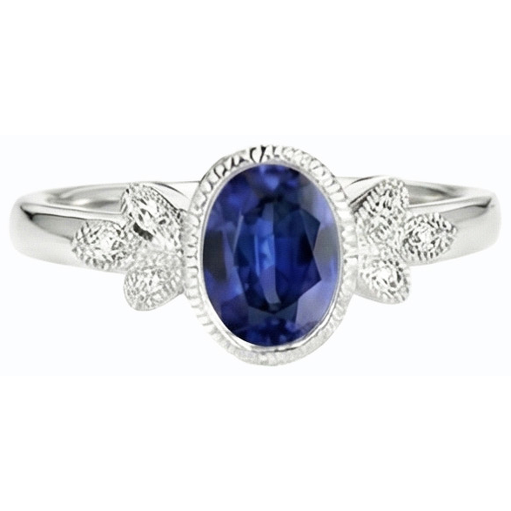 Oval Natural Earth Mined Diamond Ring Bezel Set Blue Sapphire 3 Carats Antique Style Gold